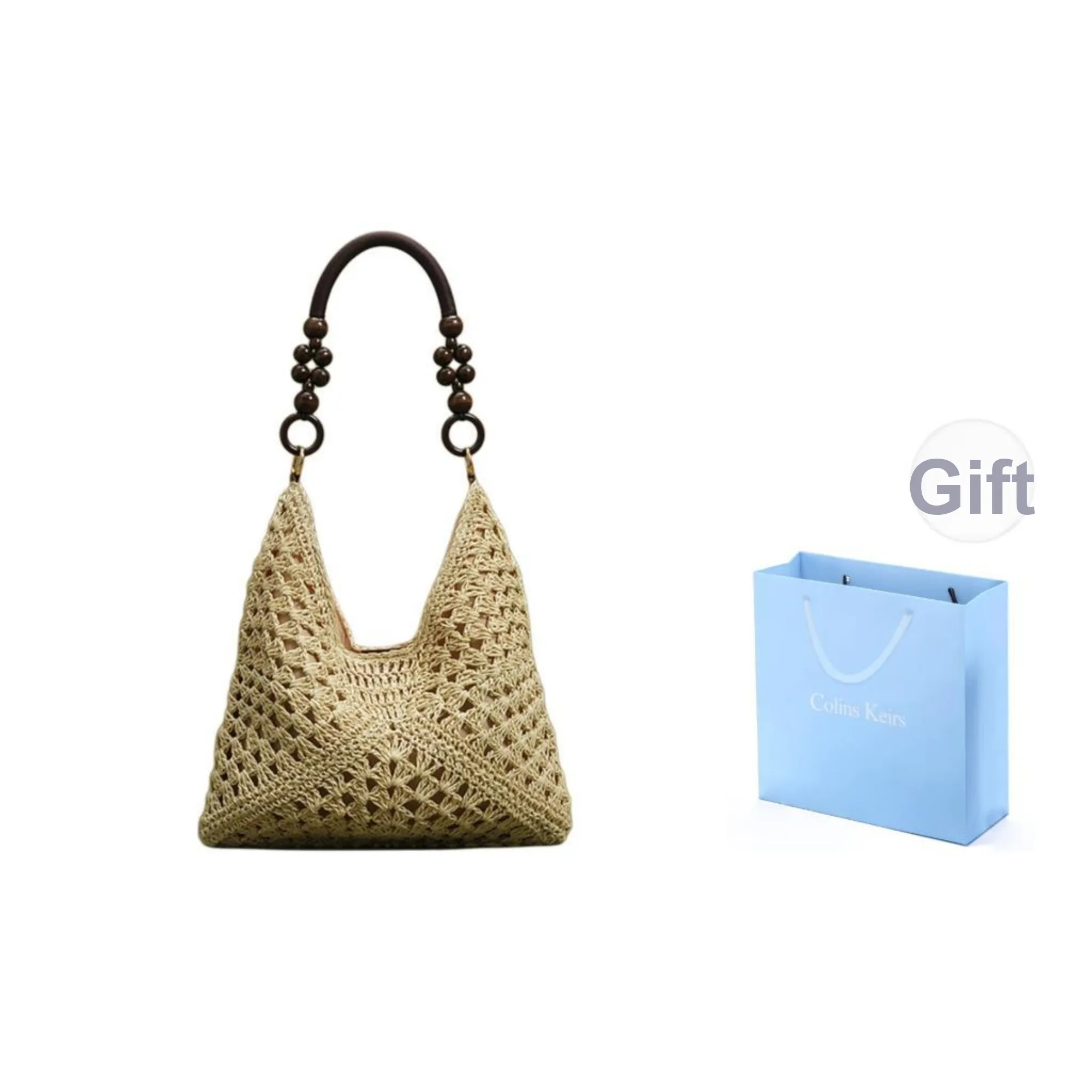 COLINS KEIRS Соломенная плетеная пляжная сумка Большая вместимость Универсальная Сумка для поездок Переносная Сумка через плечо Стандартная Женская Экрю