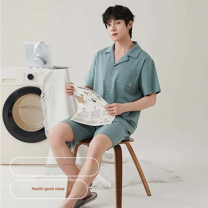 NOME Spring Summer Cardigan Short Sleeved Shorts Pajamas Men's Two Piece Set-1