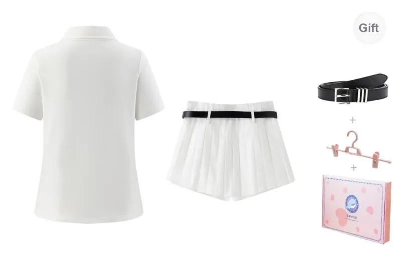 Tokyo Season Uniforms Women's Gift Box Set, White Polo Shirt+White Pleated Skirt Pants With Belt+Hanger-1