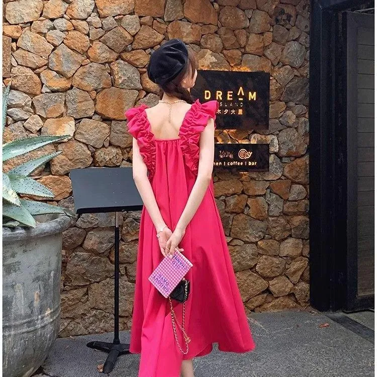 DOKZB Sleeveless Dresses Women's Rose Red-3