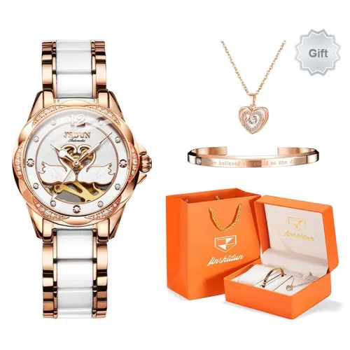 Jin Shi Dun Hollow Heart Design Box Mechanical Movement Watch Women's Watch White Dial