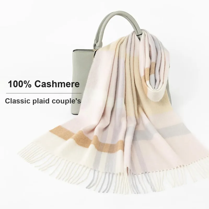 Shanghai Story 100% Cashmere Knit Scarves Unisex Beige And Orange Check Gift Box Set-43
