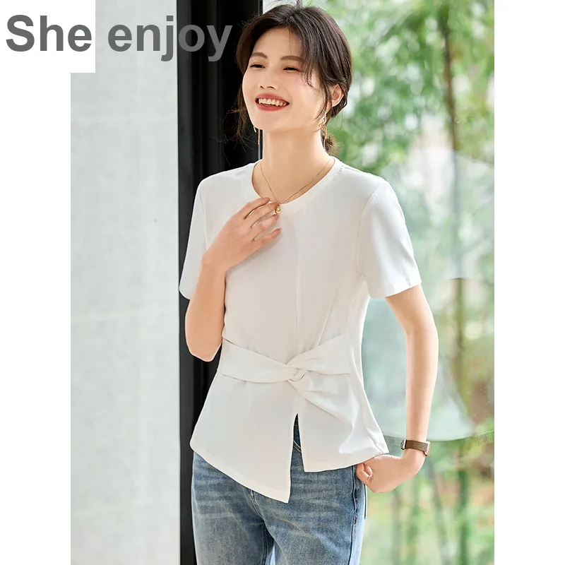 She Enjoys Drop Shoulder Sleeve T Shirt Women's Milk White-3