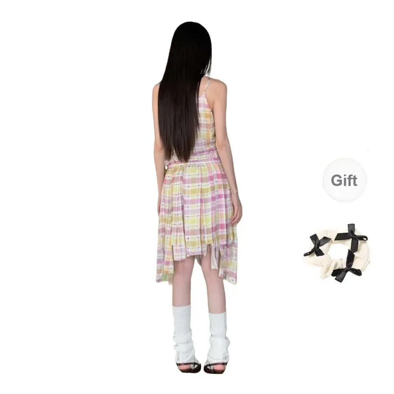 TURN UP Slip Dress Women's Pink And Yellow Checkered+Bowknot Hair Tie Comes With-1