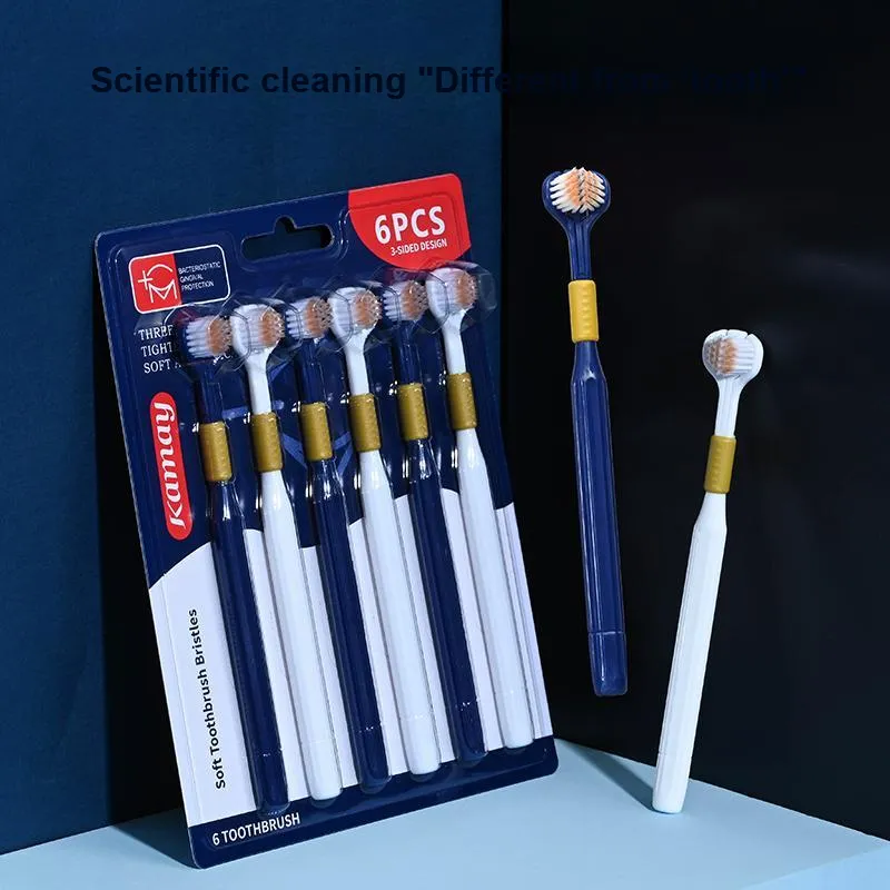 KAMEIER K192 Blue White Three Sided Toothbrushes Soft Gum Protection With Soft Bristles 6 Pcs Pack-5