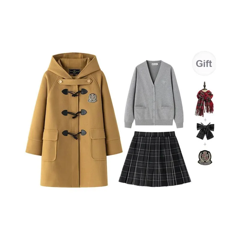 Tokyo Season Uniforms Women's Camel Coat Lining Padded+Black And White Plaid Skirt, Comes With Cardigan+Bow Tie+Badge-1