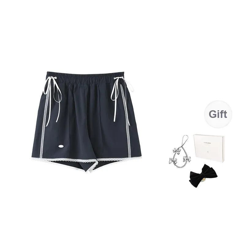 Fstudio Summer Korean Style Petite Commute Thin Casual Shorts Women's White/Navy Blue-7