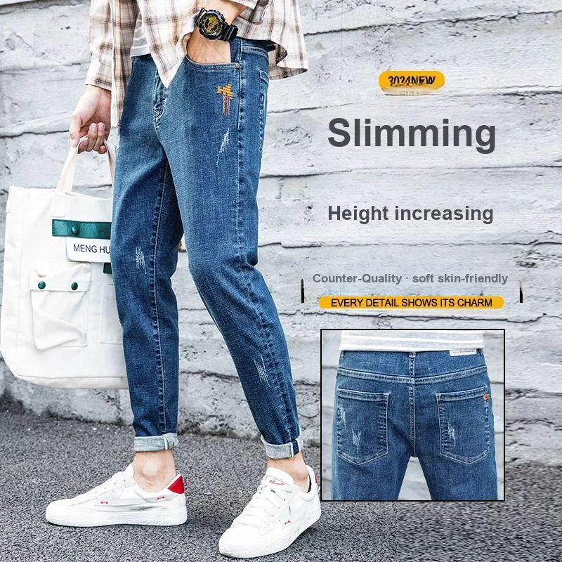 YUQIAN Jeans Men Blue Ankle Length Pants-3