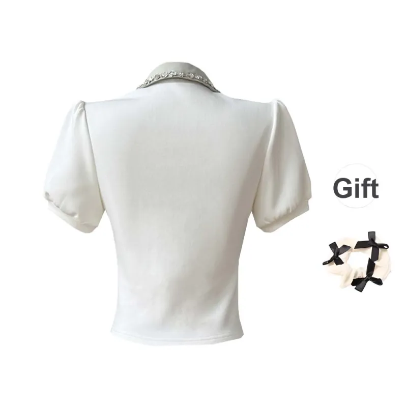 TURN UP T Shirt Women's White+Bowknot Hair Tie Comes With-1