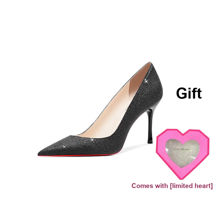 Crelinkxlat French Versatile Sequins Crystal Wedding Shoes Slim Heel High Heels Women's Starburst Black