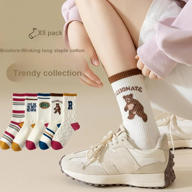 Top Melon Mid Calf Socks Women's 5 Pack Minimalist Vintage Style-1