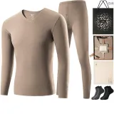 Men's V-Neck Set (Gray) German Fleece Heat/Seamless Antibacterial/Includes 2 Pack Socks