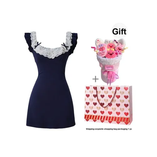 PZGE Короткий рукав Платье Женское Темно-синий