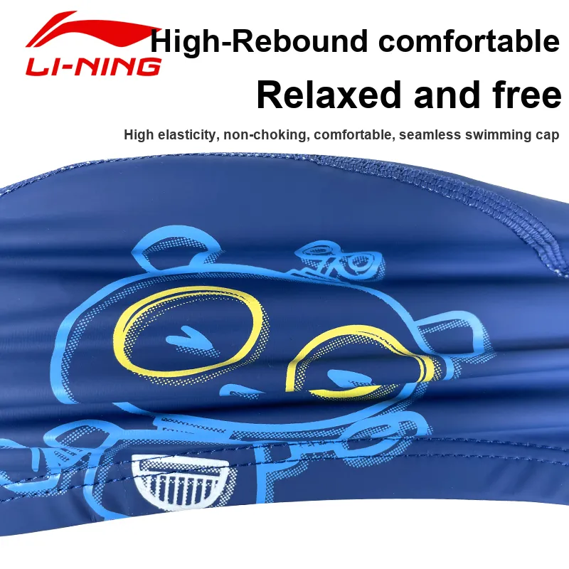 LiNing Fabric-Coated Swim Cap PU Kids' 23-26CM Black Blue-4