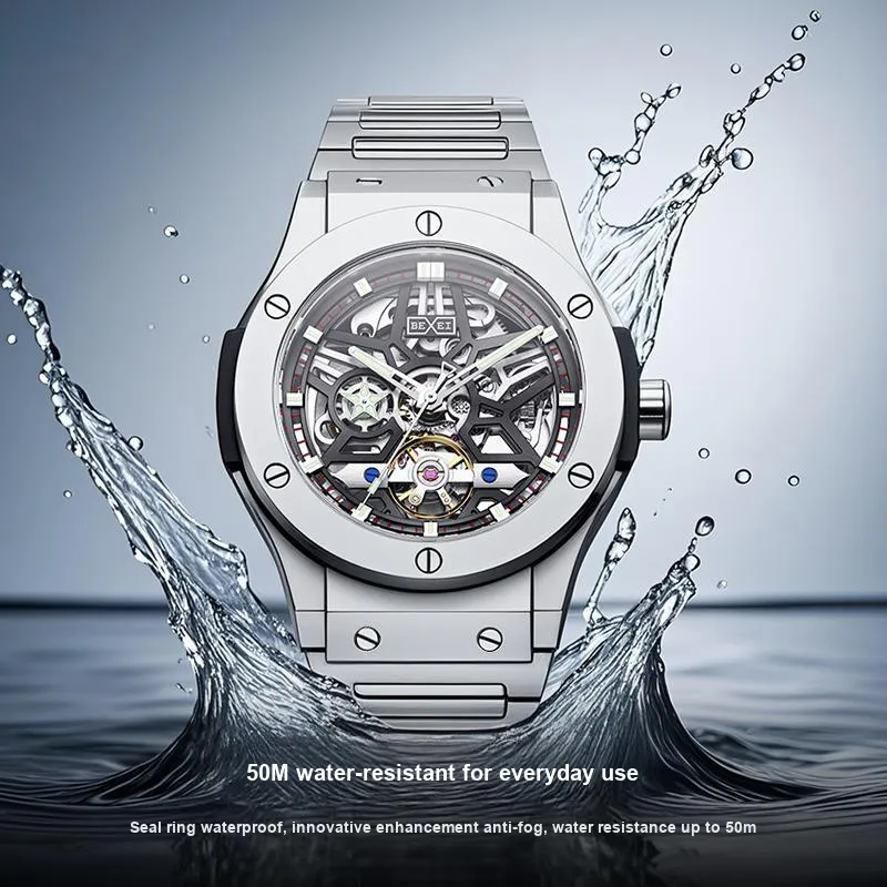 BEXEI Mechanical Movement Metal Strap Watch Men's Watches Cut Out Dial-3