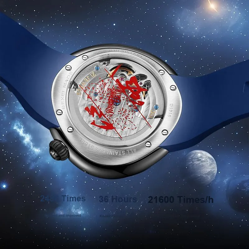 BEXEI The Wandering Earth Automatic Mechanical Movement Fluoroelastomer Strap Watch Men's Watches Black Dial-17