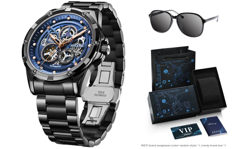 AILANG Automatic Mechanical Movement Stainless Steel Watchband Watch Men's Watches Black Dial-4