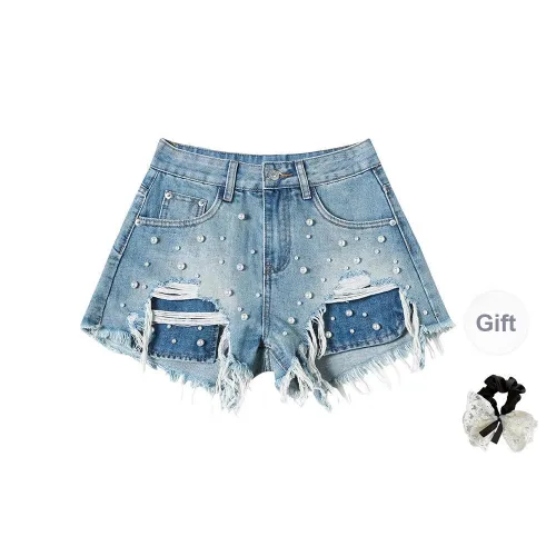 TUSHIFEI Denim Shorts Women's Light Blue+Hair Tie Included
