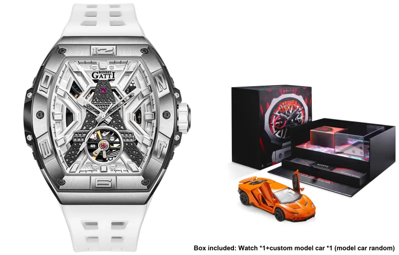 BONEST GATTI Automatic Mechanical Movement Rubber Strap Watch Men's Watches White Dial-14