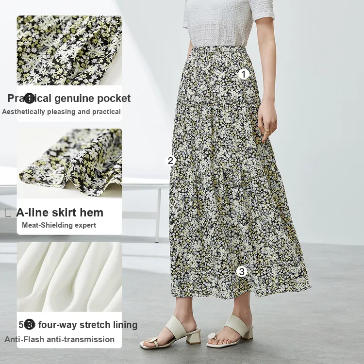 SENTUBILA Casual Long Skirts Women's Black With Yellow Floral-5
