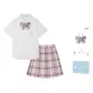 Jingsiyue Short-Sleeved+Camellya Plaid Skirt+Bow Tie