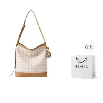 JONBAG PVC Fashion Vintage Versatile Commute Shoulder Bag Medium Size Women's White With Grey Pink/White With Nut Brown