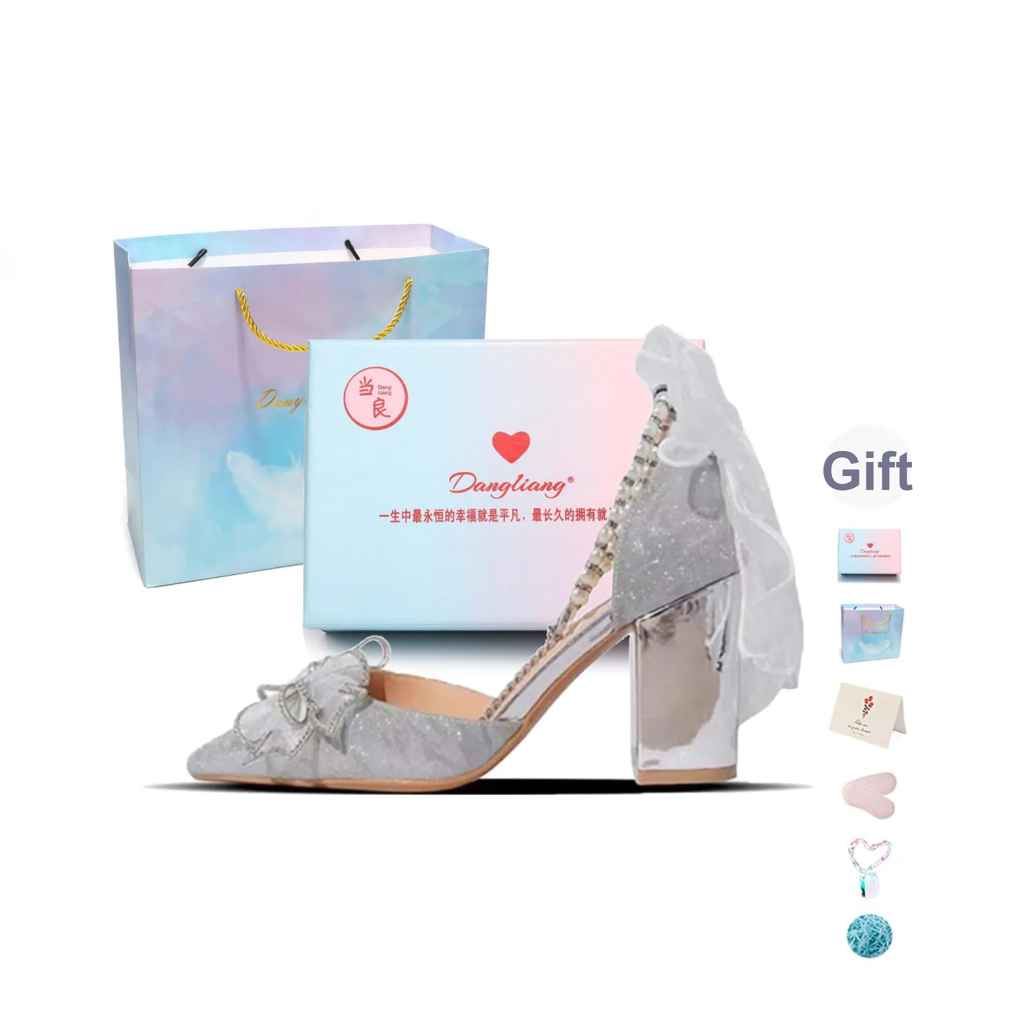 Be Good Myriad Звезда Flying Kei Грубый каблук Высокие каблуки 8 см Женские Серебряный Набор в Коробке