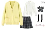 Yellow Cardigan+White Long Skirt with Cinched Waist+Dark Night Killer Short Skirt, Includes Bow Ties+Calf Socks+Hanger