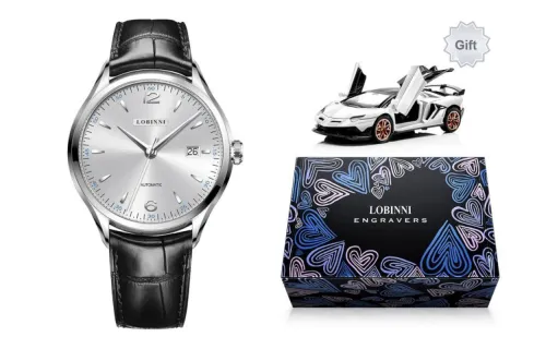 LOBINNI L High End Taste Men's Wrist Watch Automatic Mechanical Movement Cowhide Strap Watch Men Silver Dial