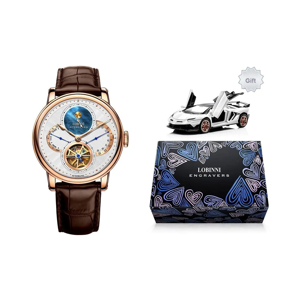 LOBINNI L Доступная роскошь Мужские часы Механический механизм Коровья кожа Ремешок Часы Мужские часы Белый циферблат