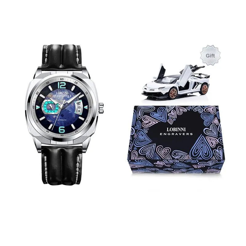 LOBINNI L Automatic Mechanical Movement Genuine Leather Strap Watch Men's Watches Blue Dial-7