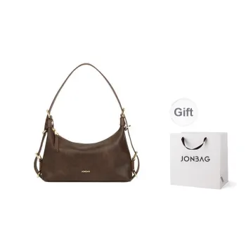 JONBAG Cow Leather Shoulder Bag Medium Size Women's Black Oil Wax \Brushed Brown\ Velour Cocoa Brown