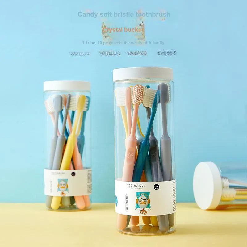 CHENYISHENG Candy Color Macaron Toothbrush 10 Pack Adults' Household Round Bucket Soft Bristle Toothbrush-1