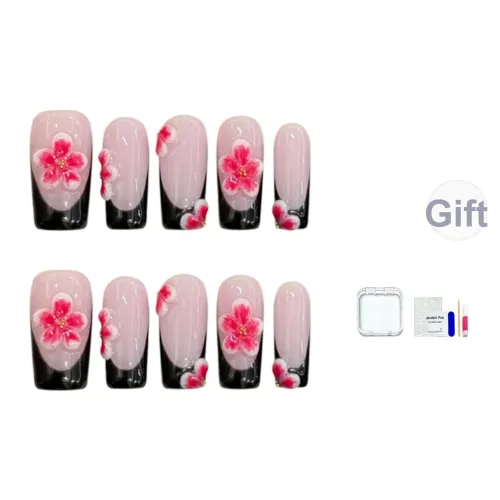 JINGCHANXUE Темно-ночной Вишневый цветок Броги Готический стиль Фальшивые ногти Прямоугольный Французский Градиентный стиль Instagram 14 мм