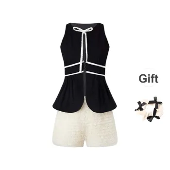 TURN UP Casual Suits Women's Clothing Sets Black White Two Piece Set+Bowknot Hair Tie Comes With