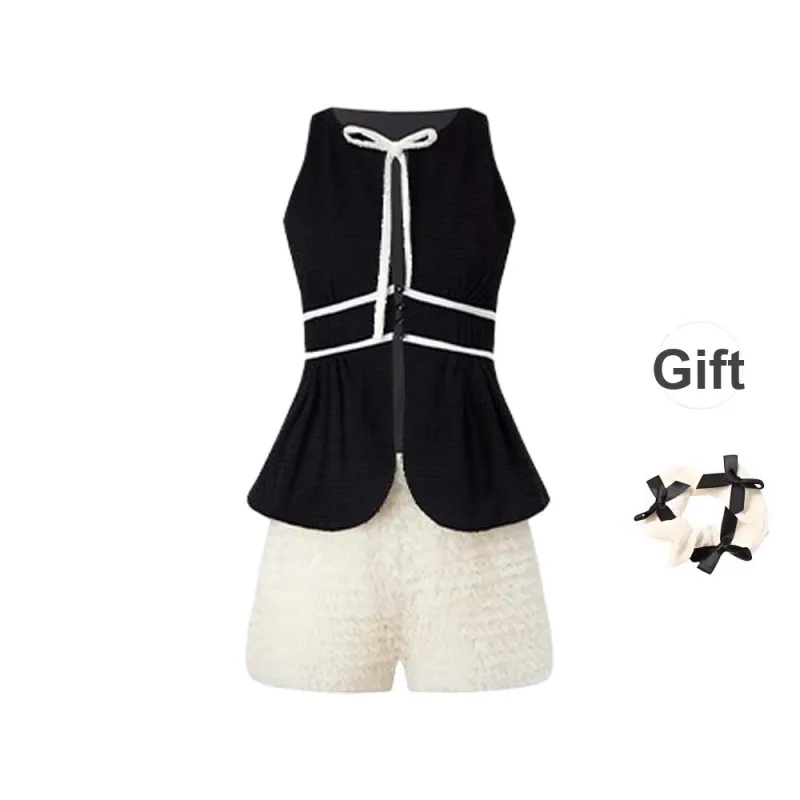 TURN UP Casual Suits Women's Clothing Sets Black White Two Piece Set+Bowknot Hair Tie Comes With-0