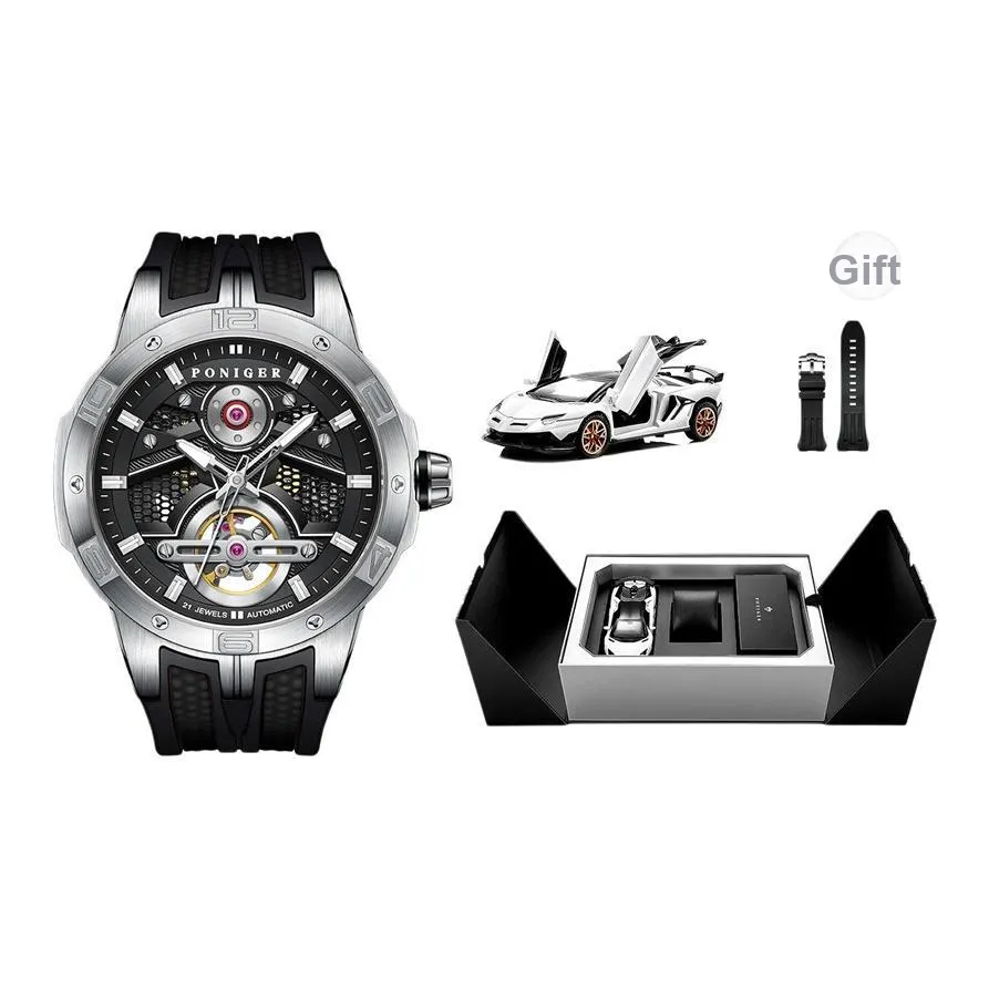 PONIGER Astronaut CONCEPT Автоматический Механический Механизм Резиновый Ремешок Мужские Часы Черепный Циферблат