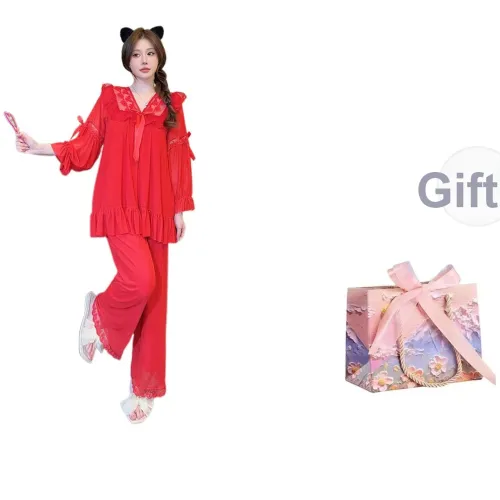 MIIOW [Красный 2 шт] Брюки + Длинный рукав Топ Женские Пижамные комплекты