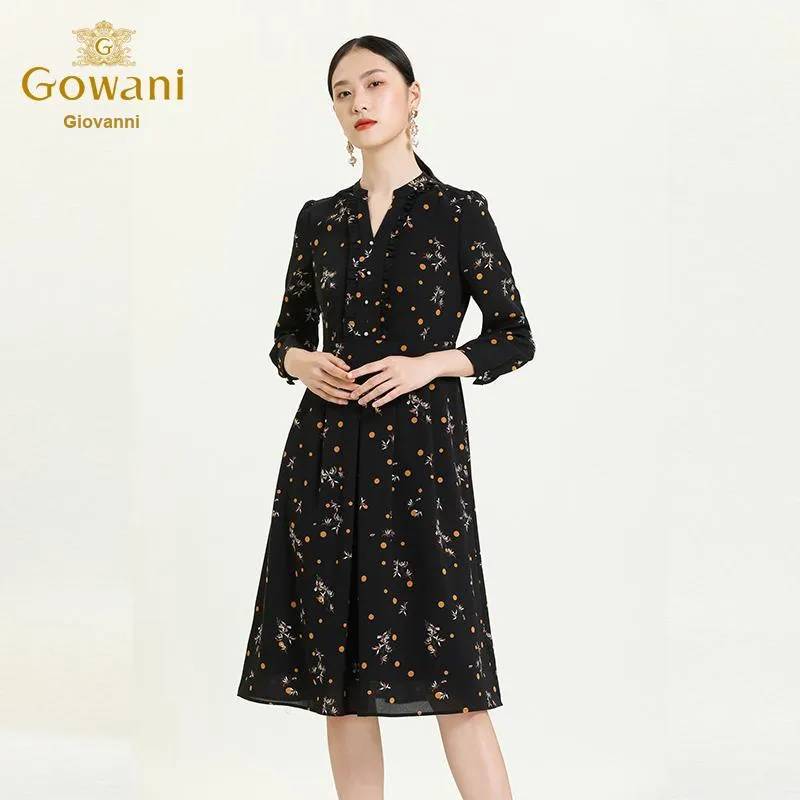 QIAOWANNI 2025 Spring Long Sleeved Dress Women's Yellow Hyacinth Polka Dot Flower-3