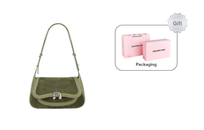 AMAZING SONG Cow Leather Nubuck Handheld Bag Saddle Bag Shoulder Bag Women's Black/White/Green/Red-25