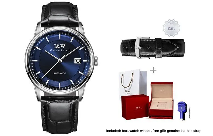 I&W CARNIVAL HWGUOJI Automatic Mechanical Movement Genuine Leather Strap Watch Men's Watches Black Dial