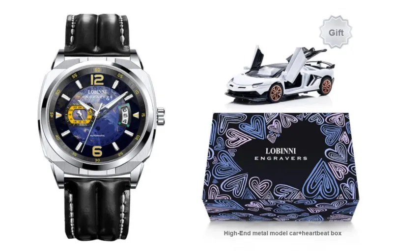 LOBINNI L Automatic Mechanical Movement Genuine Leather Strap Watch Men's Watches Blue Dial-16
