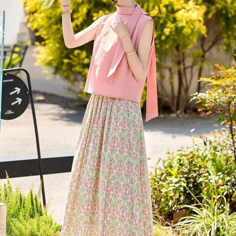 TURN UP Skirt Set Women's Clothing Sets Pink Green Two Piece Set+Bowknot Hair Tie Comes With-6