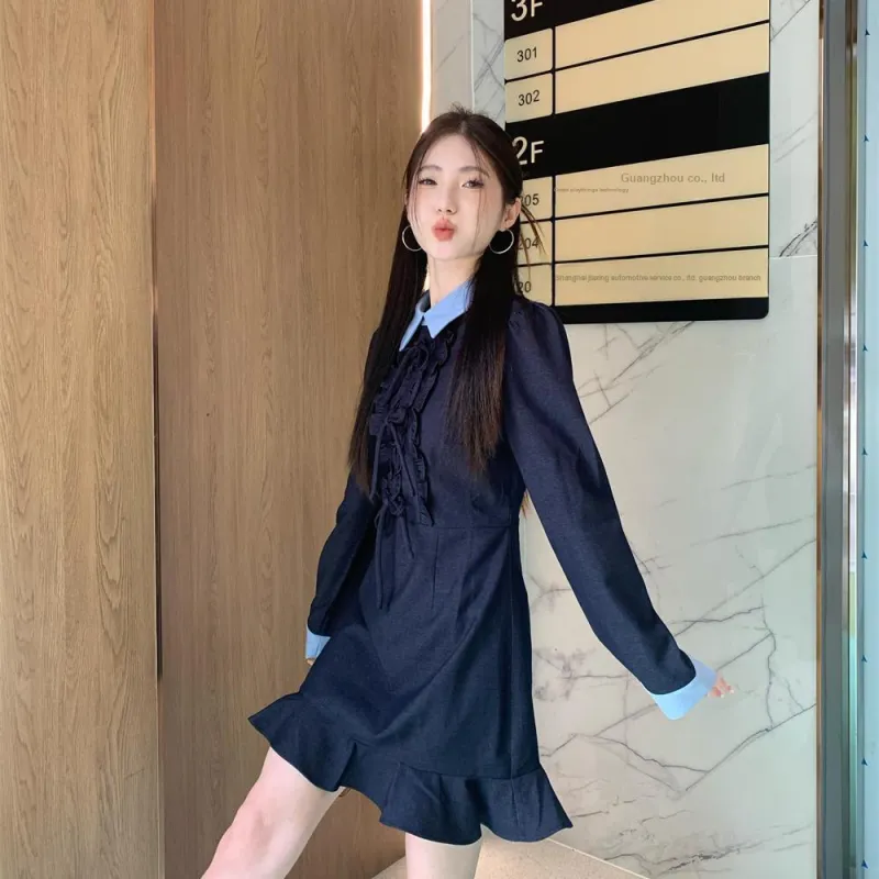 YGPRW Long Sleeved Dress Women's Navy Blue-4