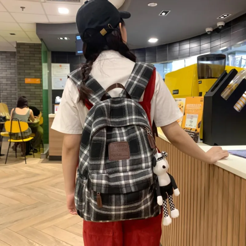 Yalu Woolen Backpack Unisex Black White Plaid/Brown Gray Plaid/Red Plaid/Brown Blue Plaid-2