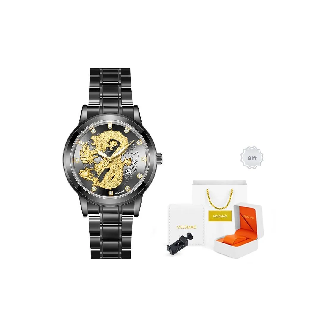 MELSMAO Тисненый Дракон Кварцевый Механизм Нержавеющий Стальной Ремешок Часы Мужские Черный Циферблат