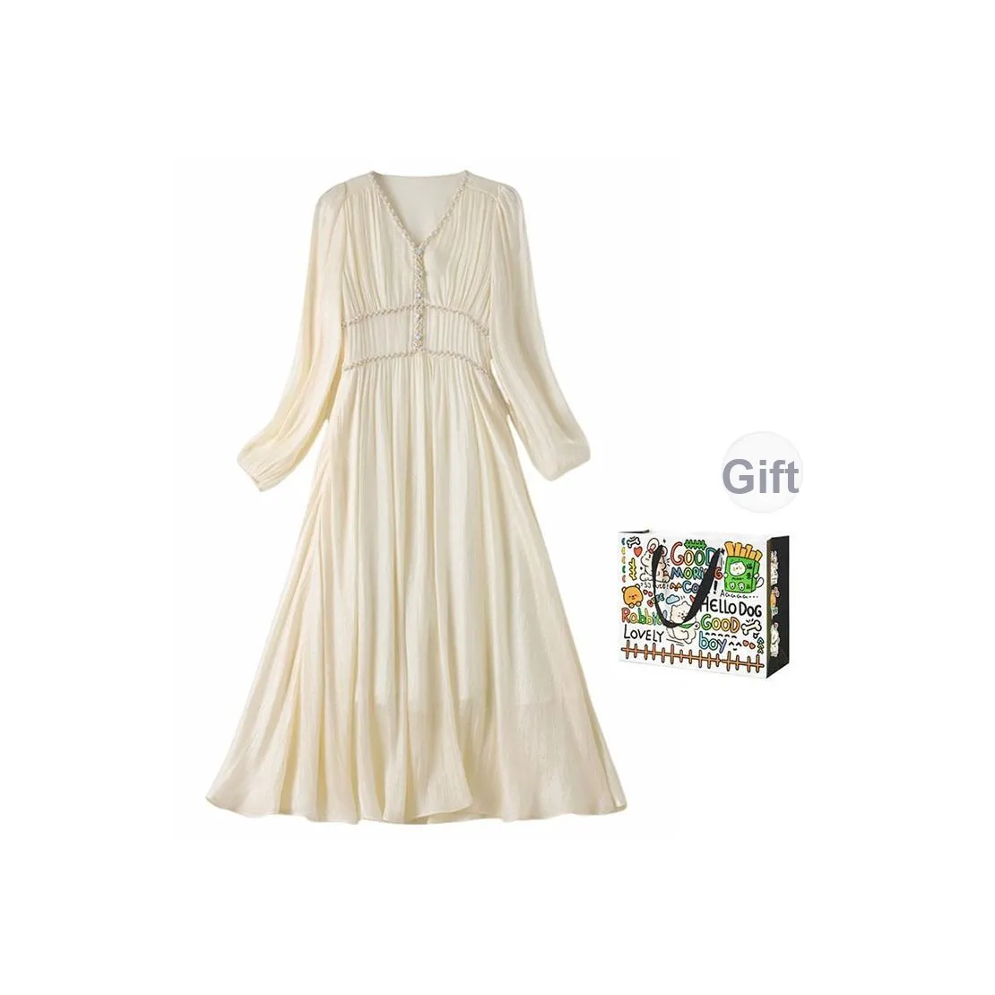 OURUOKE Длинное платье с длинными рукавами женское кремовый абрикос в комплекте сумка для покупок