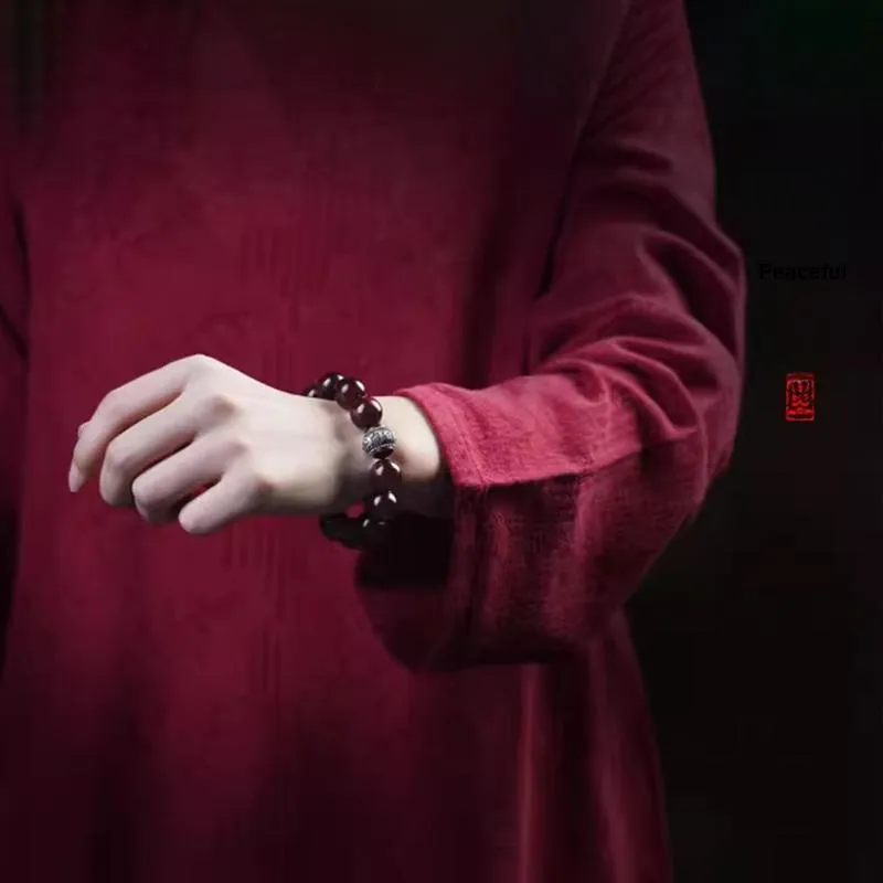 FANGYUANXIAOFU Pterocarpus Plain Circle Beaded Bracelet Men's-3