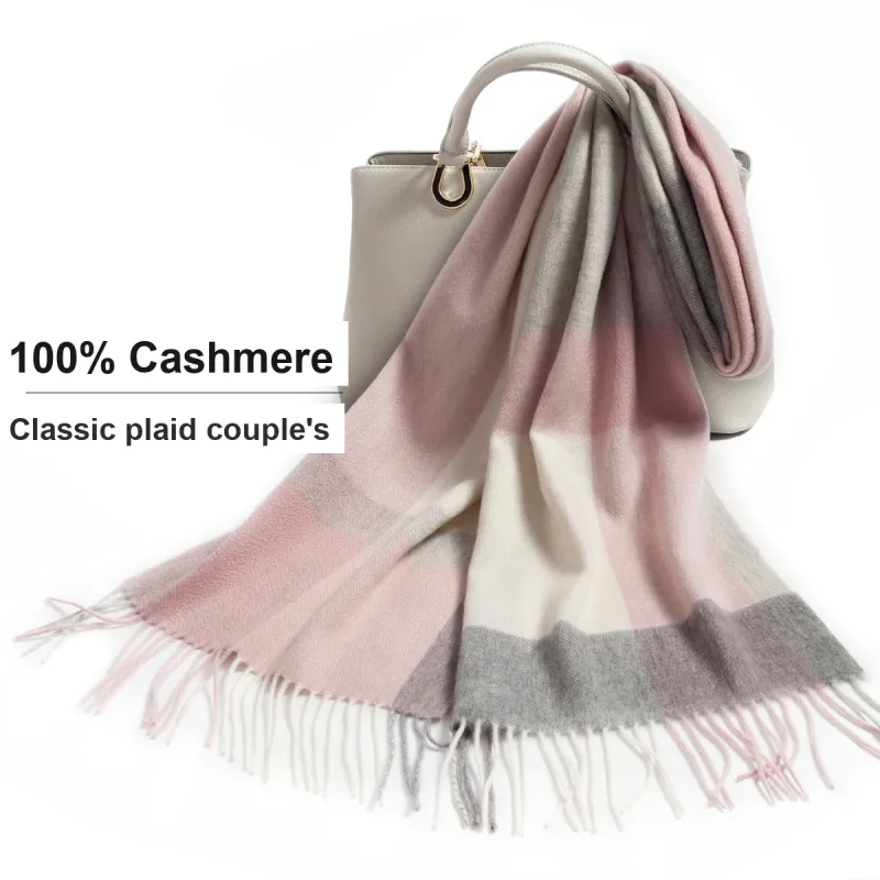 Shanghai Story 100% Cashmere Knit Scarves Unisex Beige And Orange Check Gift Box Set-7