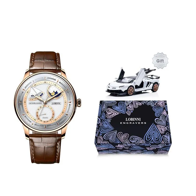 LOBINNI L Automatic Mechanical Movement Genuine Leather Strap Watch Men's Watches White Dial-6
